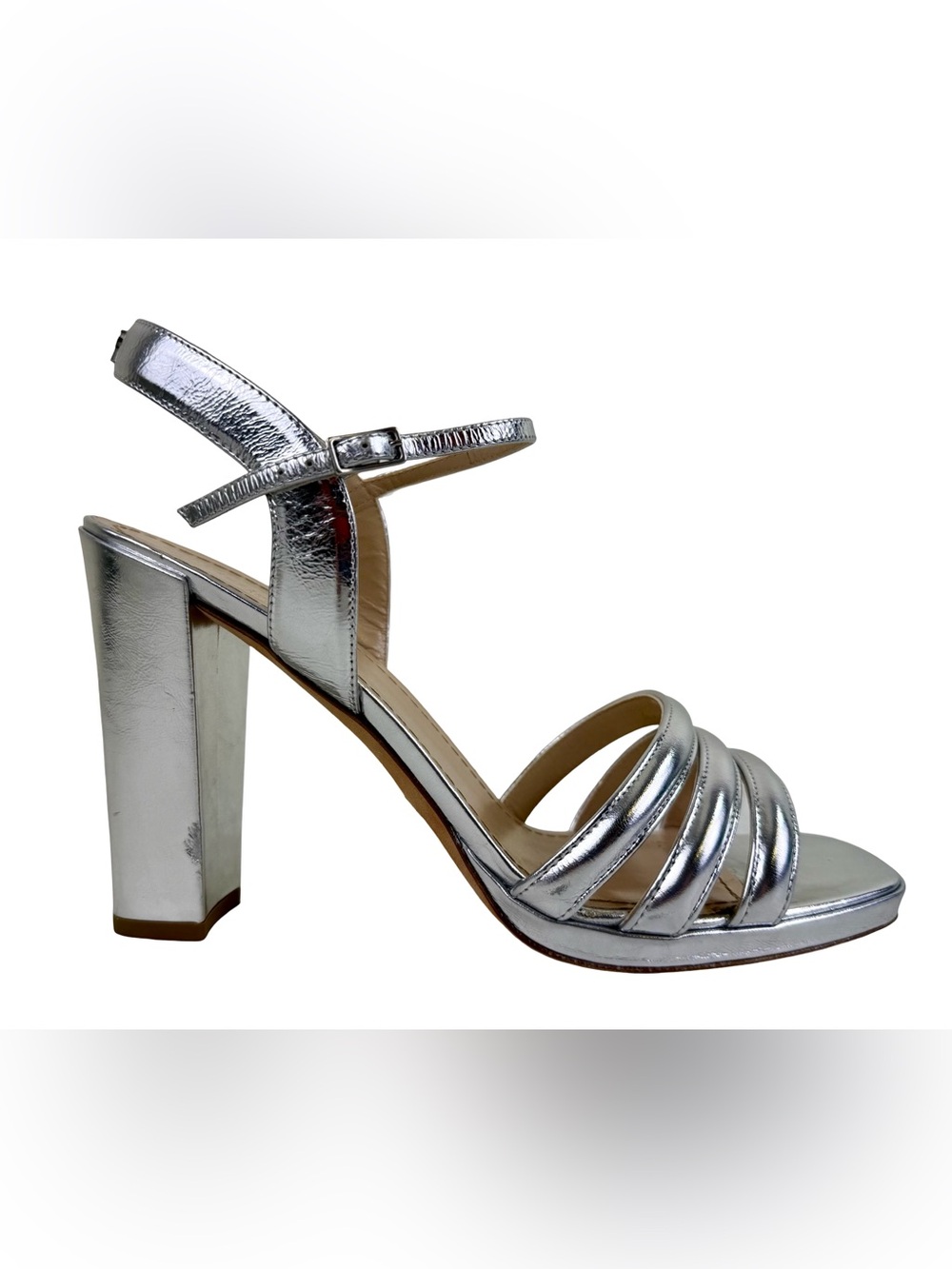 DIOR CALL SANDRA HIGH HEEL SANDALS IN SILVER LAMINATED LEATHER